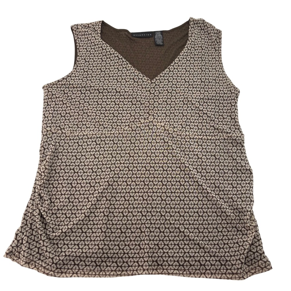 Attention Women Brown Geometric Mesh V-Neck y2k Top XL Sleeveless Ruched Side